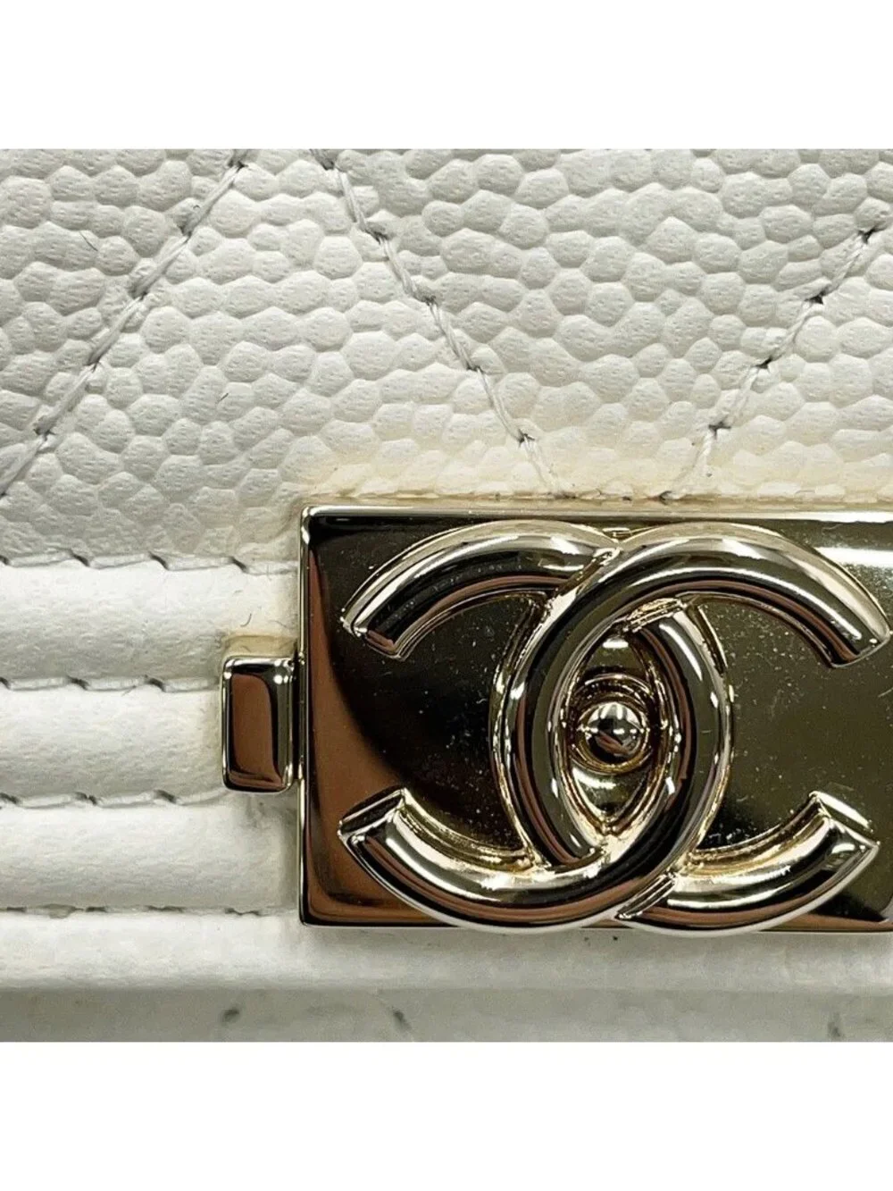 Chanel Chain Wallet Boy Quilted CC Logo Mini Caviar Leather White Shoulder